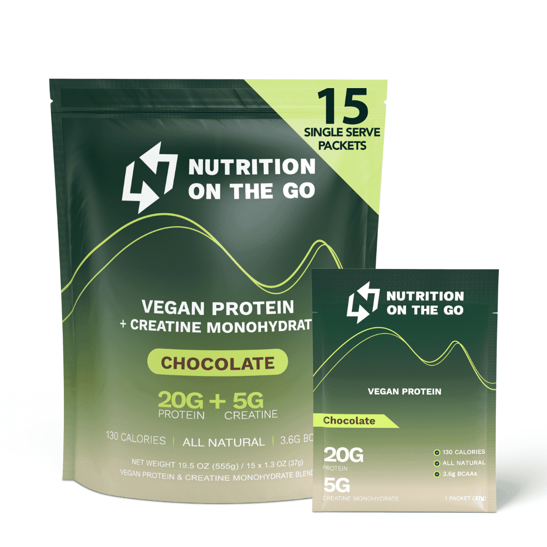 Nutrition On The Go Chocolate Vegan Protein Powder with Creatine - 20g Protein, 5g Creatine & 130 Calories -Single-Serve Packets for Travel, Gym, On-The-Go, Dairy & Gluten-Free, All-Natural (15-Pack)