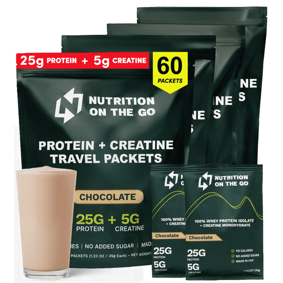 Chocolate Whey Protein Powder with Creatine 25g Protein, 5g Creatine Single-Serve Packets for Travel, Gym, and On The Go Easy Mix, Gluten-Free (60-Pack)