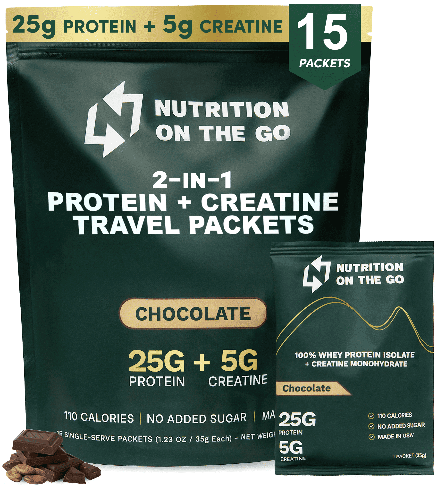 Nutrition On The Go Whey Protein Isolate + Creatine packets – 25g Protein + 5g Creatine - Travel Protein Powder - Chocolate, 15 Pack