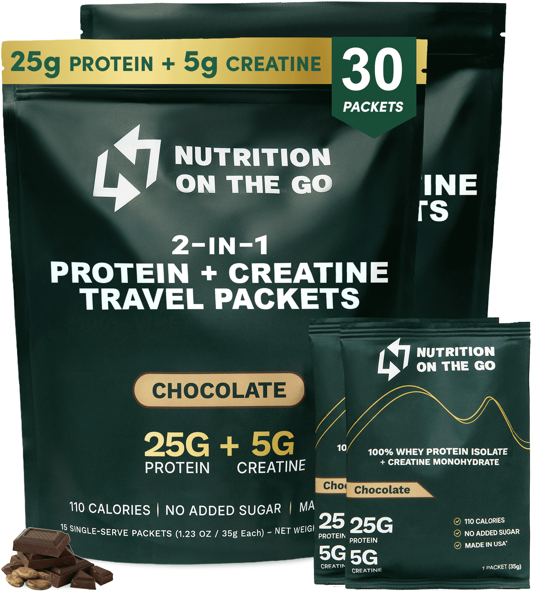 Nutrition On The Go Whey Protein Isolate + Creatine Packets – 25g Protein + 5g Creatine, Chocolate, 30-Pack