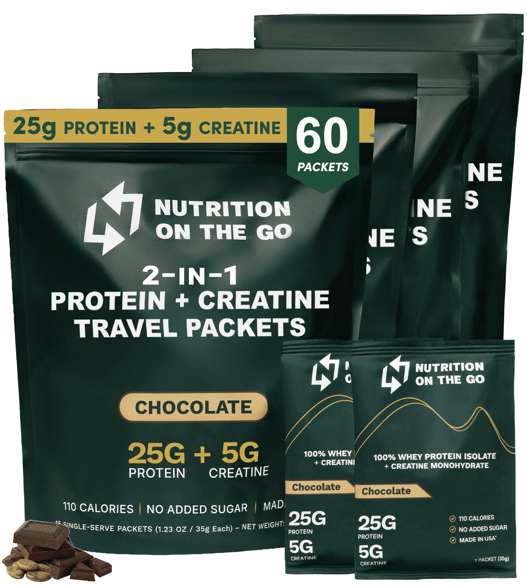 Nutrition On The Go Whey Protein Isolate + Creatine packets – 25g Protein + 5g Creatine - Travel Protein Powder - Vanilla, 6-Pack Chocolate, 60-Pack