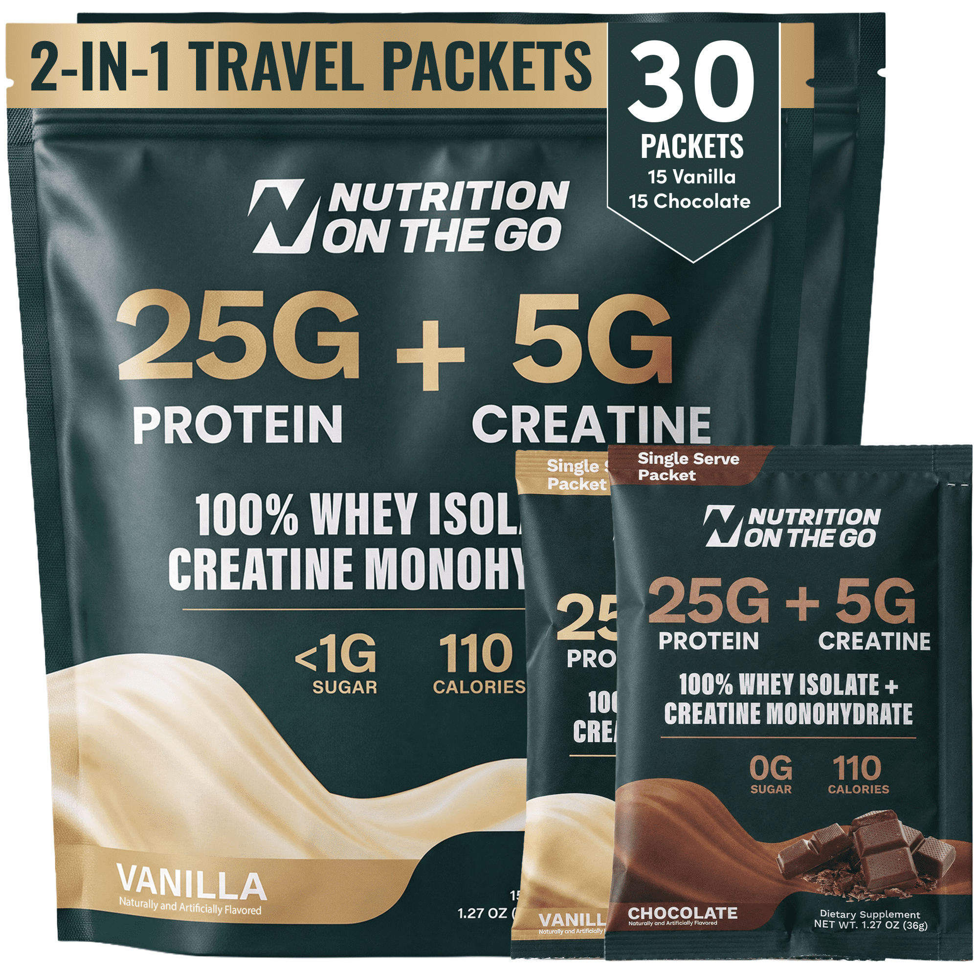Nutrition On The Go Whey Protein Isolate + Creatine Travel Packets, Variety, 30 Count