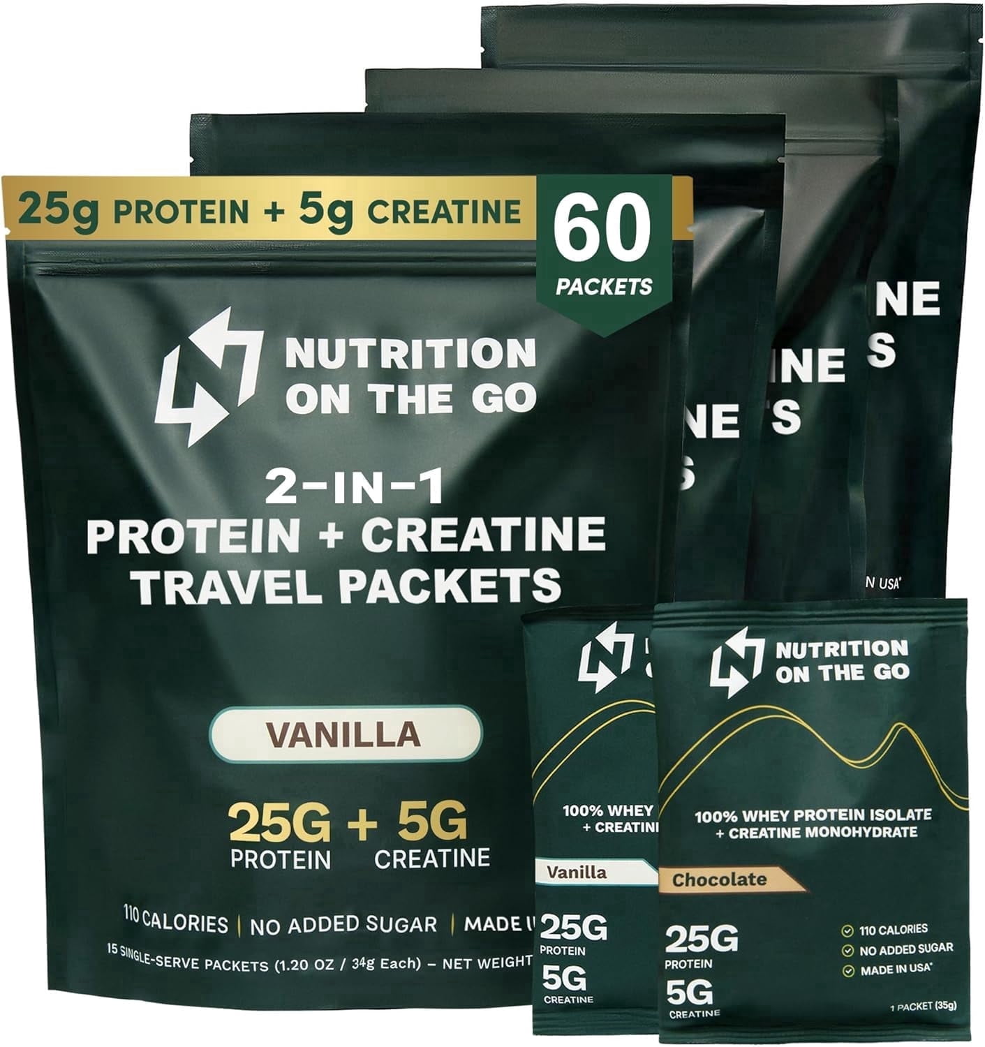 Nutrition On The Go Whey Protein Isolate + Creatine packets – 25g Protein + 5g Creatine - Travel Protein Powder - Variety Pack, 60-Pack (30 Chocolate, 30 Vanilla)