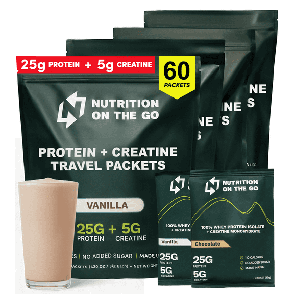Variety Pack Whey Protein Powder with Creatine 25g Protein, 5g Creatine Single-Serve Packets for Travel, Gym, and On the Go Easy Mix, Gluten-Free (60-Pack)