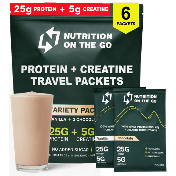 Variety Pack Whey Protein powder with Creatine 25g Protein, 5g Creatine Single-Serve Packets for Travel, Gym, and On the Go Easy Mix, Gluten-Free (6-Pack)