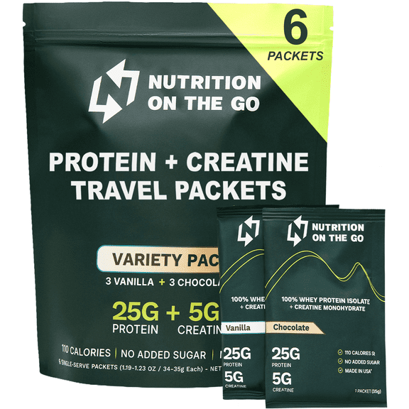 Variety Pack Whey Protein powder with Creatine – 25g Protein, 5g Creatine – Single-Serve Packets for Travel, Gym, and On the Go – Easy Mix, Gluten-Free (6-Pack)