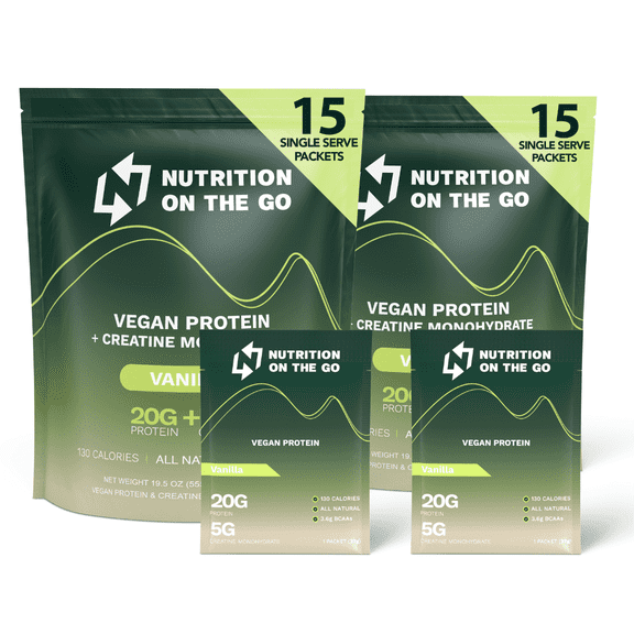 Nutrition On The Go Vanilla Vegan Protein Powder with Creatine - 20g Protein, 5g Creatine - Single-Serve Packets for Travel, On-The-Go, Gym, Dairy-Free, Gluten-Free, All-Natural - (30-Pack)