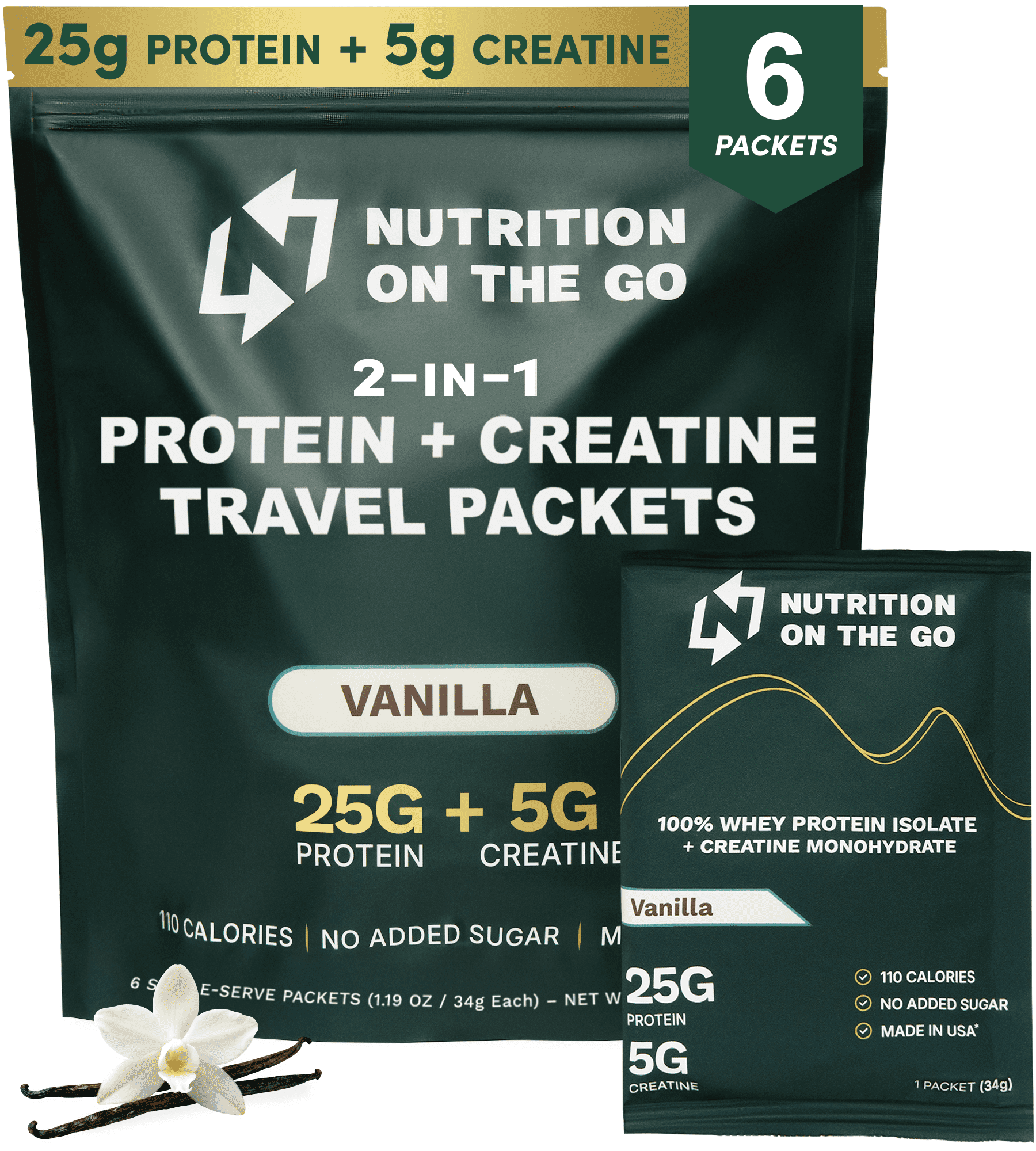 Nutrition On The Go Whey Protein Isolate + Creatine packets – 25g Protein + 5g Creatine - Travel Protein Powder - Vanilla, 6-Pack