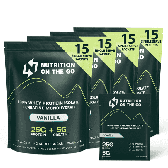 Vanilla Whey Protein Powder with Creatine – 25g Protein, 5g Creatine – Single-Serve Packets for Travel, Gym, and On the Go – Easy Mix, Gluten-Free (60-Pack)