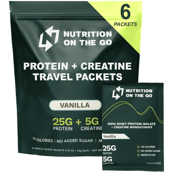 Vanilla Whey Protein powder with Creatine – 25g Protein, 5g Creatine – Single-Serve Packets for Travel, Gym, and On the Go – Easy Mix, Gluten-Free (6-Pack)