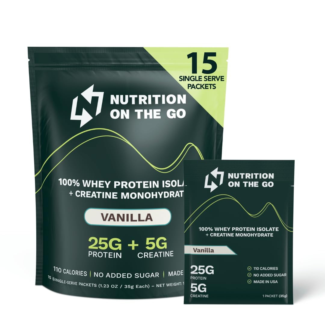 Vanilla Whey Protein powder with Creatine  25g Protein, 5g Creatine  Single-Serve Packets for Travel, Gym, and On the Go  Easy Mix, Gluten-Free (15-Pack)