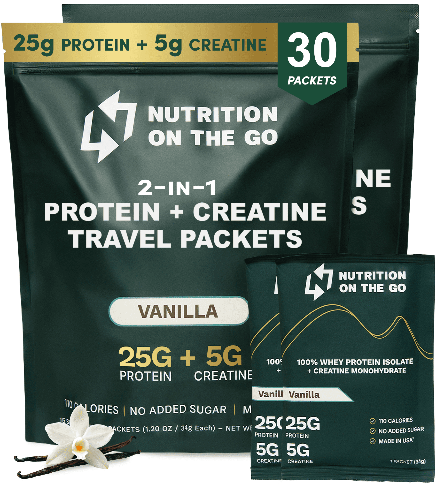 Nutrition On The Go Whey Protein Isolate + Creatine packets – 25g Protein + 5g Creatine - Travel Protein Powder - Vanilla, 30-Pack
