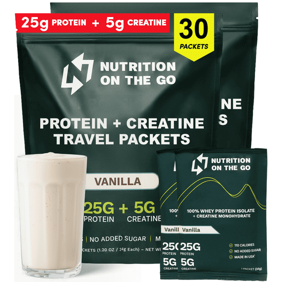 Vanilla Whey Protein Powder with Creatine 25g Protein, 5g Creatine Single-Serve Packets for Travel, Gym, and On The Go Easy Mix, Gluten-Free (30-Pack)