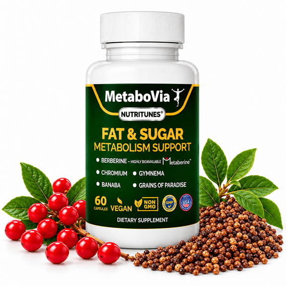 NUTRITUNES- MetaboVia - Metabolic Supplement, Berberine, Chromium, Gymnema, Banaba & Grains of Paradise, Fat & Sugar Metabolism Support - 60 Capsules