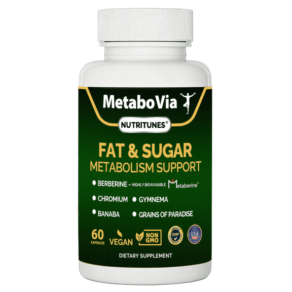 Nutritunes MetaboVia - Fat & Sugar Metabolism Support - Metabolic Supplement with Berberine, Chromium, Gymnema, Banaba & Grains of Paradise - 60 Capsules, 2 Months Supply