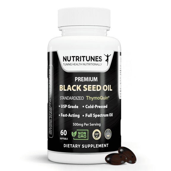 Black Seed Oil 3% Thymoquinone Standardized–Clinically Studied, USP Grade, Cold-Pressed Nigella Sativa ThymoQuin, Non-GMO – 60 Softgels by NUTRITUNES
