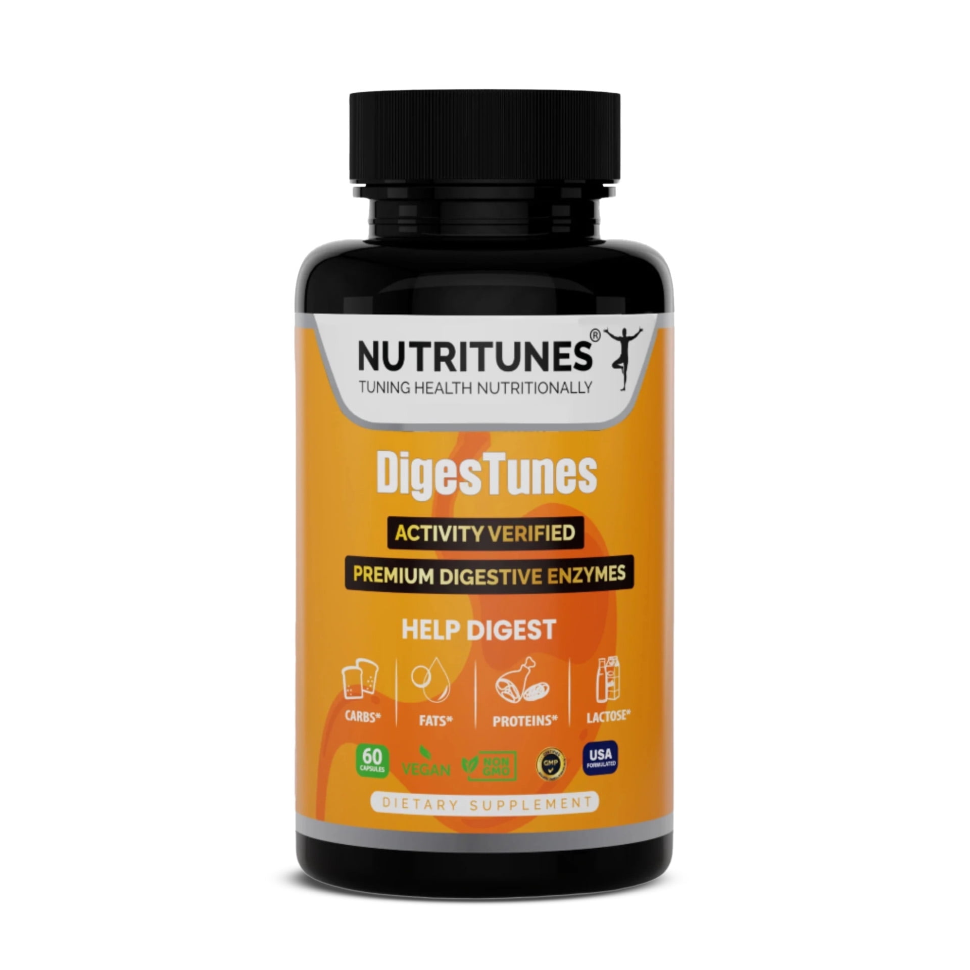 Nutritunes Vegan DigesTunes (60 Capsules) | Premium Digestive Enzymes Helps Digest Carbs, Fats, Proteins, & Lactose - Non-GMO, GMP-Certified, and Allergen Free