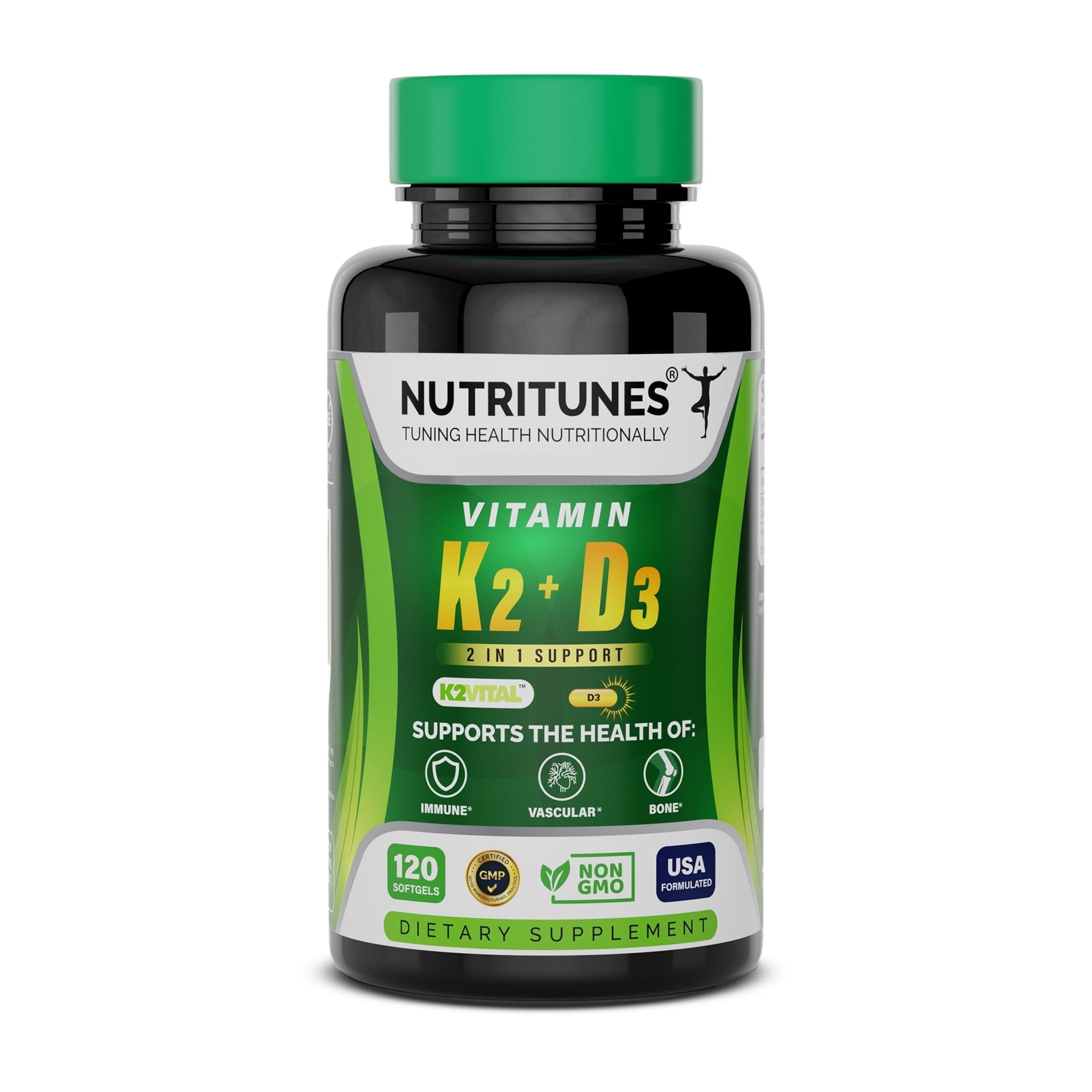 Nutritunes Vitamin K2 + D3 (120 Softgels) | 2 in 1 Formula Supports Cardiovascular, Immune, and Bone Health - Non-GMO, GMP-Certified, and Allergen Free