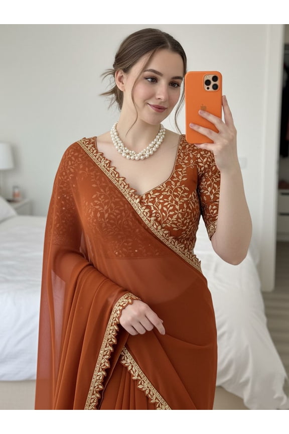 Women's Art Silk Georgette Traditional Saree with Unstitched Blouse, Blue