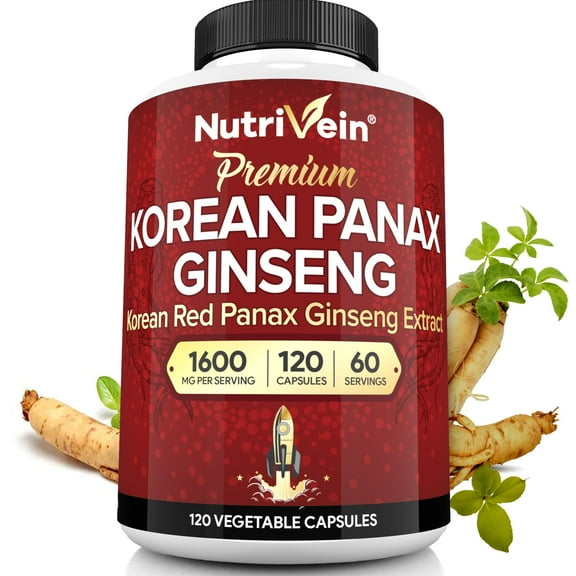 Nutrivein Korean Red Panax Ginseng Capsules - Energy & Memory Support, 1600 mg - 120 Count