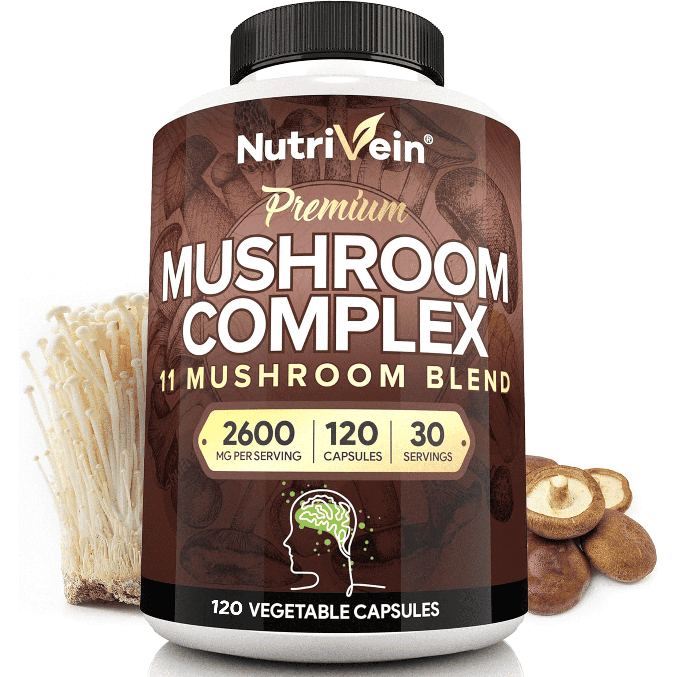 Nutrivein Mushroom Complex Supplement 2600mg - 120 Capsules - 11 Organic Mushrooms