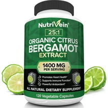 Nutrivein Organic Citrus Bergamot 25:1 Bergamia Extract 1400 mg - 60 Day Supply (120 Capsules, Two Daily)