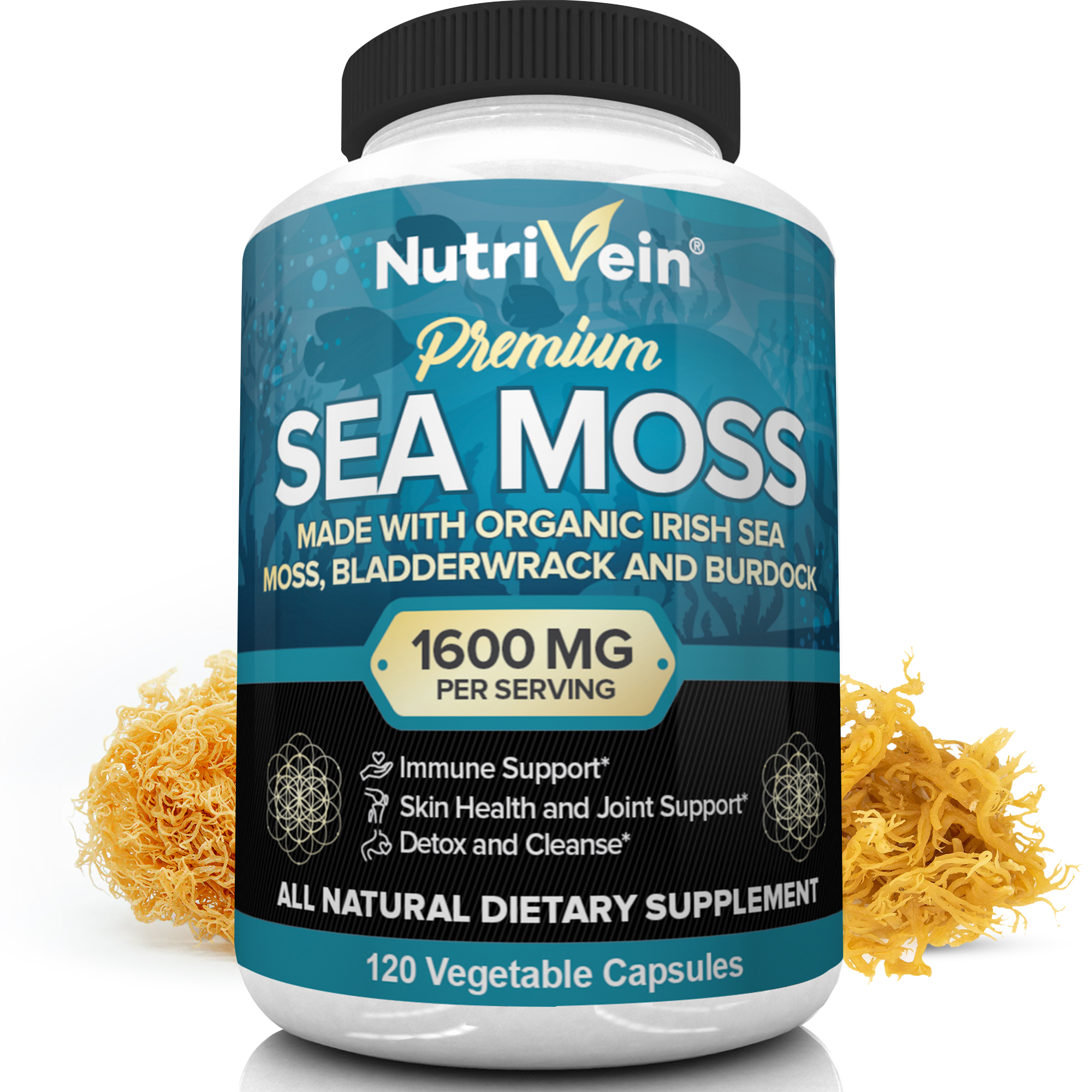 Nutrivein Organic Sea Moss 1600mg - 120 Capsules - Keto Detox, Gut, Joint Support - image 1 of 7