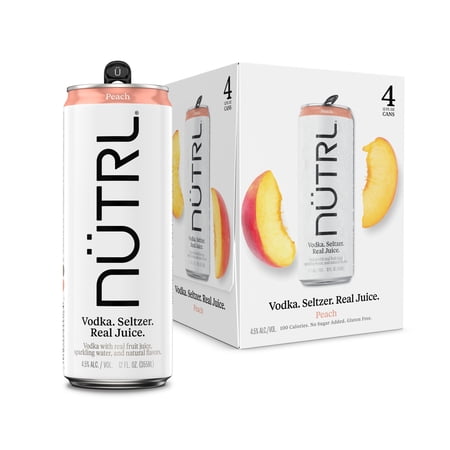 NUTRL Peach Vodka Seltzer 4 Pack 12 fl oz Cans, 4.5% ABV