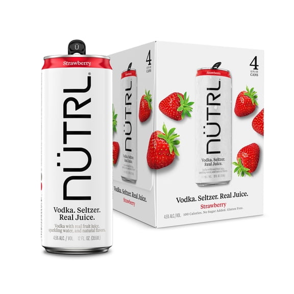 NUTRL Vodka Strawberry Hard Seltzer, 4 pack, 12 fl oz Aluminum Cans, 4.5% ABV, Gluten Free
