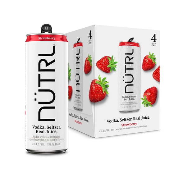 NUTRL Vodka Strawberry Hard Seltzer, 4 pack, 12 fl oz Aluminum Cans, 4.5% ABV, Gluten Free