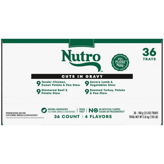 Nutro Natural Choice Cuts In Gravy 4 Flavors Variety Pack Wet Dog Food, 3.5 Oz Tray Pack Of 36