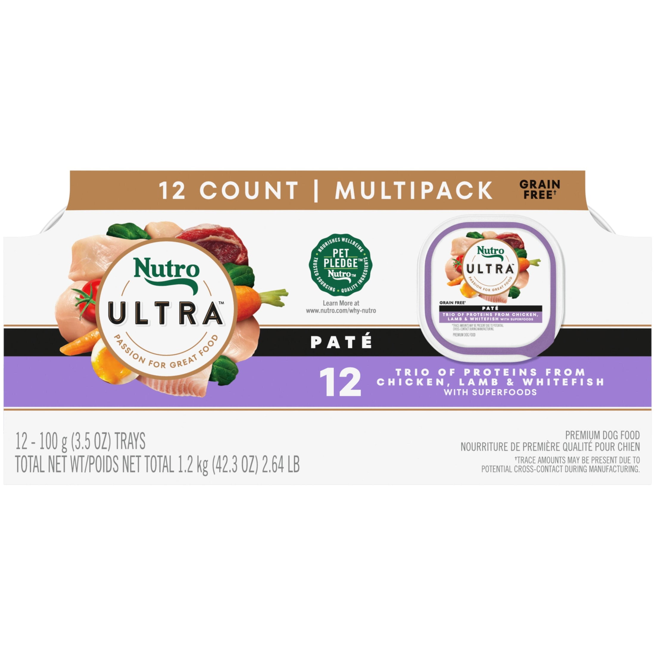 Nutro Ultra Adult Pate Trio Of Proteins Chicken, Lamb & Whitefish Wet Dog Food, (24) 3.5 Oz Trays
