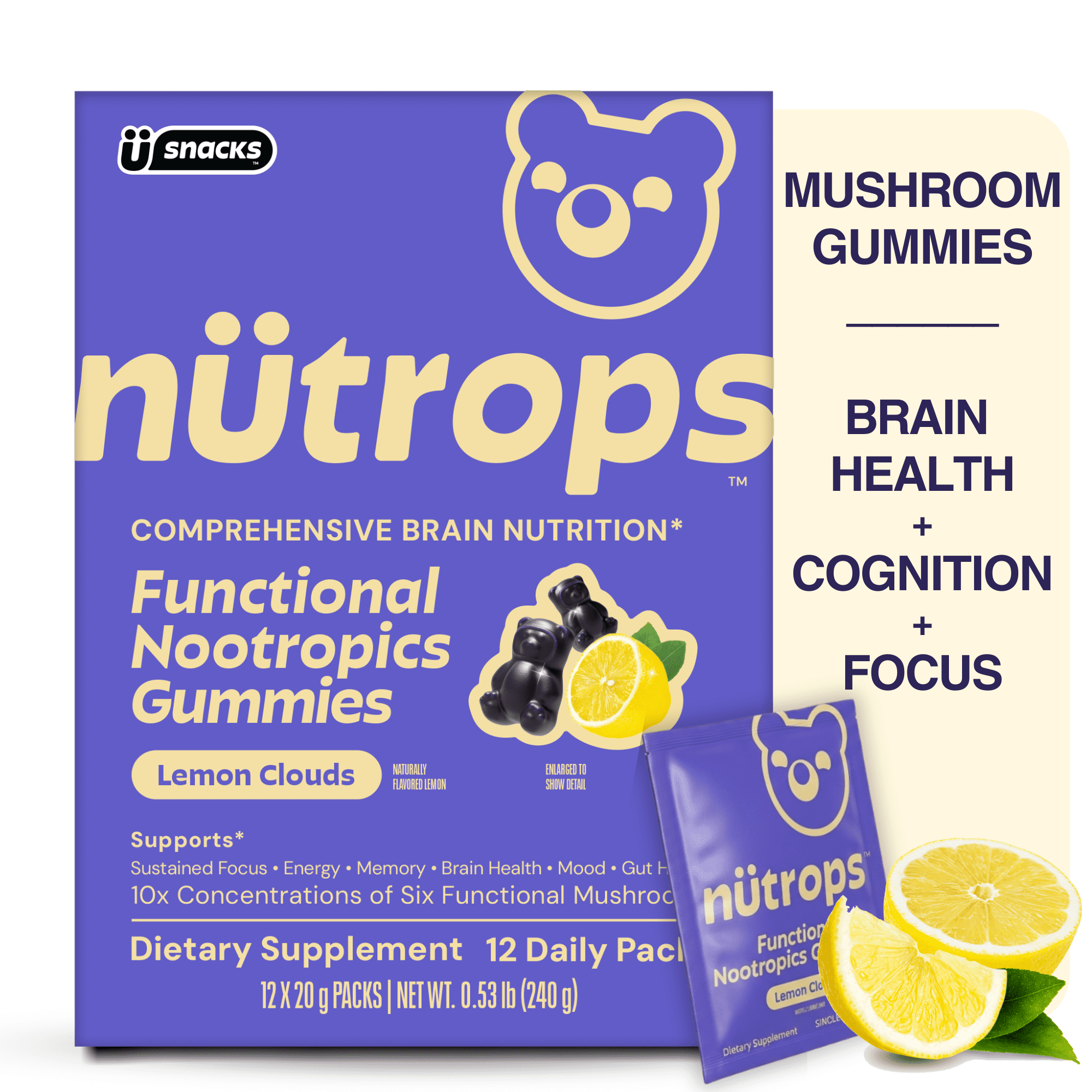 Nutrops by Gruns - Nootropic Mushroom Gummies for Brain Health Support, 12 Count
