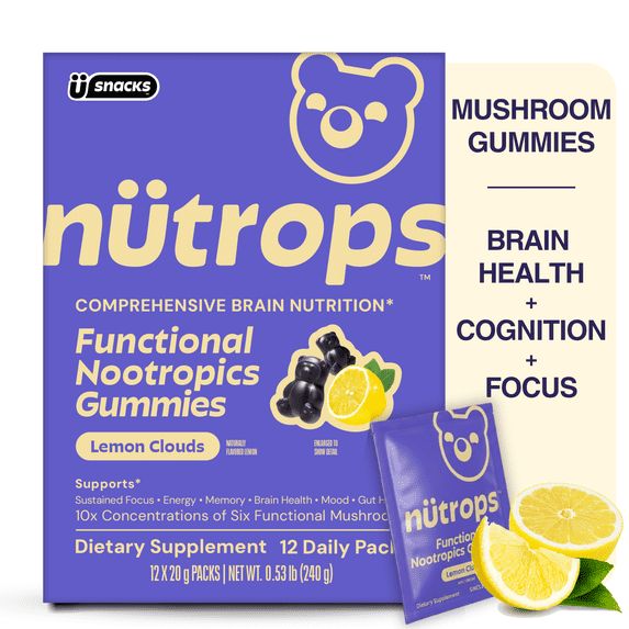 Nütrops Nootropic Mushroom Gummies with Lion's Mane, Cordyceps, & Reishi - Functional Mushrooms & Adaptogens to Support Focus, and Brain Health, Caffeine-Free, Lemon Clouds Flavor, 12 count