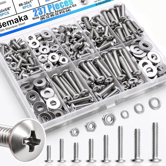 Nuts and Bolts Assortment Kit, 304 Stainless Steel Bolts 8 Sizes #6-32#8-32#10-24 Phillips Pan Head Machine Screws, Assorted Bolts, Nuts and Washers Kit (237PCS)