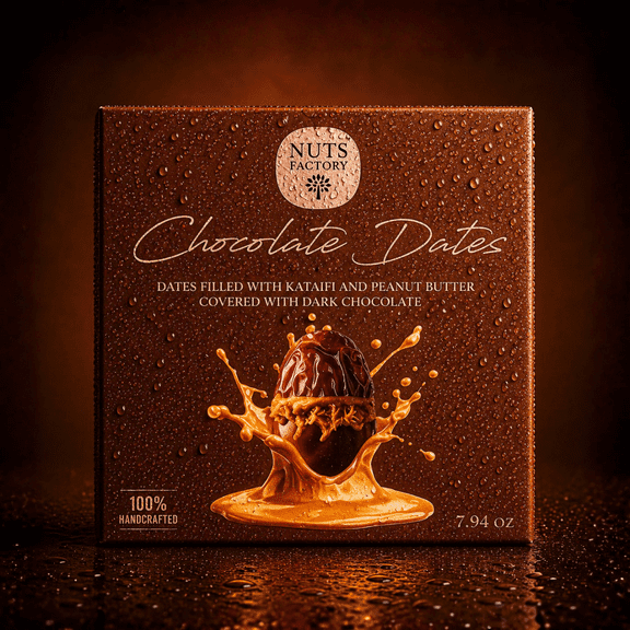 Nuts Factory Chocolate Dates - Dark Chocolate Covered Dates with Peanut Butter & Kataifi Filling, Gourmet Date Treats