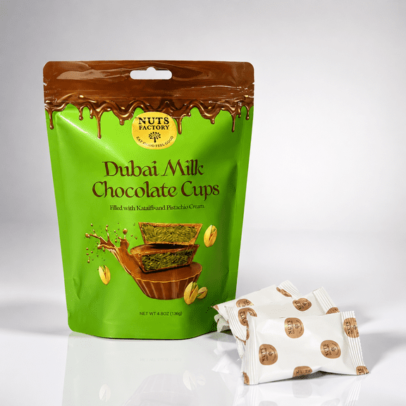 Nuts Factory Dubai Style Milk Chocolate Cups with Pistachio Cream & Crispy Kataifi, Gourmet Filled Chocolate Treats, 4.8 oz