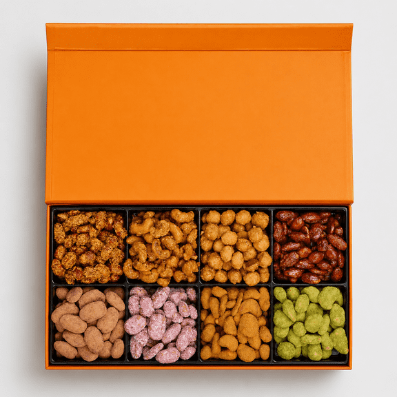 Nuts Factory Luxury Candied & Flavored Nuts Collection Box, Orange Edition, 8 Gourmet Selections, Premium Sweet & Crunchy Nut Gift Assortment for Holidays, Parties & Corporate Gifts
