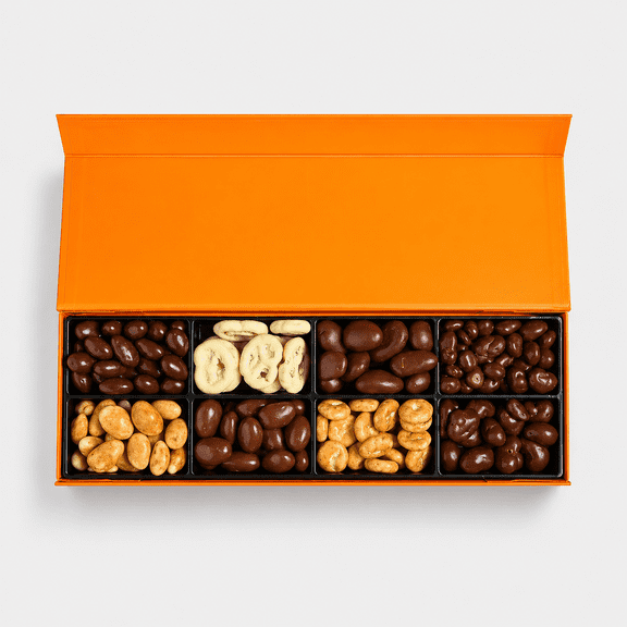 Nuts Factory Luxury Chocolate Covered Nuts & Treats Collection Box, Orange Edition Compact Size, 8 Gourmet Selections, Premium Chocolate Gift Assortment for Birthdays, Holidays & Office Sharing