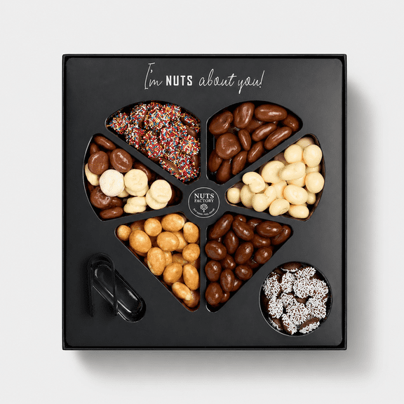 Nuts Factory Premium Heart Gift Tray, Black Edition, Chocolate Covered Nuts & Sweets Assortment