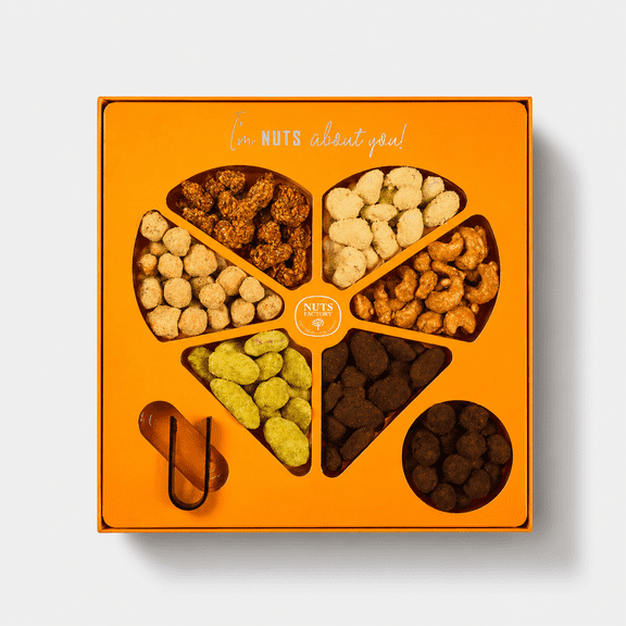 Nuts Factory Premium Heart Gift Tray, Orange Edition, Candied & Flavored Nuts Assortment