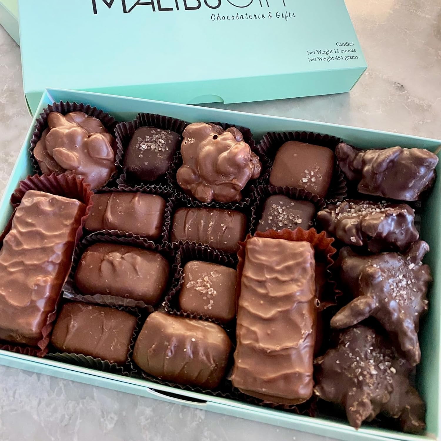 Nuts and chews gourmet candy box. 1 lb candy box of dark and milk