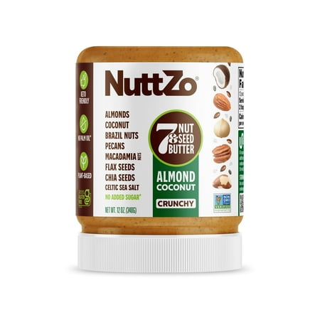 NuttZo Almond Coconut Crunch Nut Butter, 7 Peanut Butter Spread, Plant-Based, No Palm Oil, 12 oz Jar