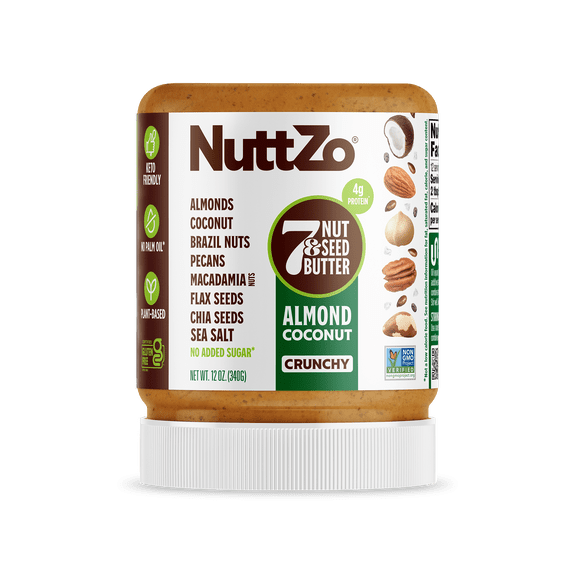NuttZo Almond Coconut Crunch Nut Butter, 7 Peanut Butter Spread, Plant-Based, No Palm Oil, 12 oz Jar