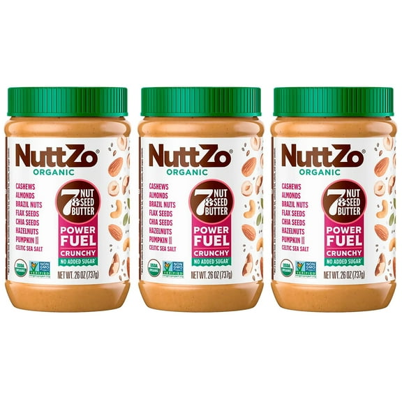 NuttZo Organic Power Fuel Crunchy 7 Nuts & Seeds Butter, Paleo Friendly | Peanut & Gluten Free, Vegan, and Kosher, No Added Sugar or Oil | 26 oz Jar, 3-Pack