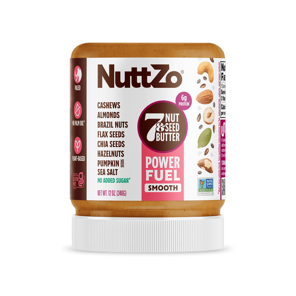 NuttZo Power Fuel Smooth 7 Nuts & Seeds Butter Spread | Paleo and Keto Friendly | Peanut & Gluten Free, Kosher, No Added Sugar or Oil | 12 oz Jar
