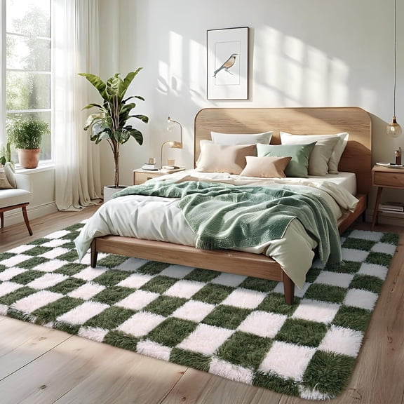 Nuttumico Large Fluffy Plaid Area Rug for Bedroom, 6x9 Feet Olive Green White Soft Carpets Checkered for Living Room, Big Modren Indoor Shaggy Rugs for Kids Boys Girls Room, Home Decor