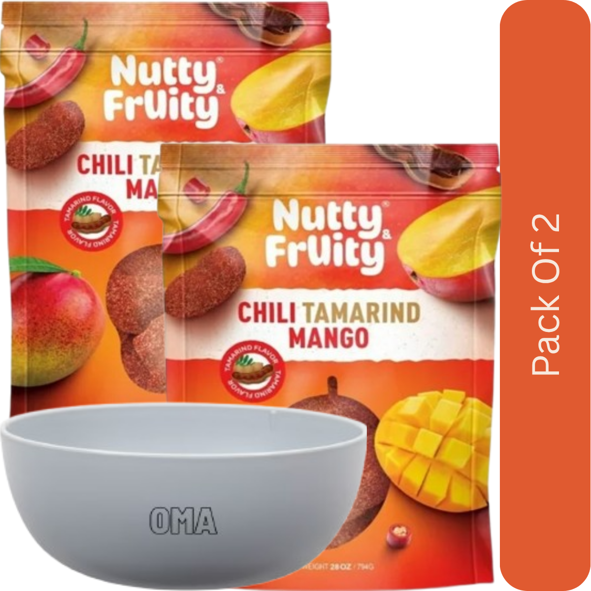 Nutty & Fruity Chili Tamarind Mango, Tangy-Spicy Dried Mango Slices, 28 oz. With White Bowl By OMA