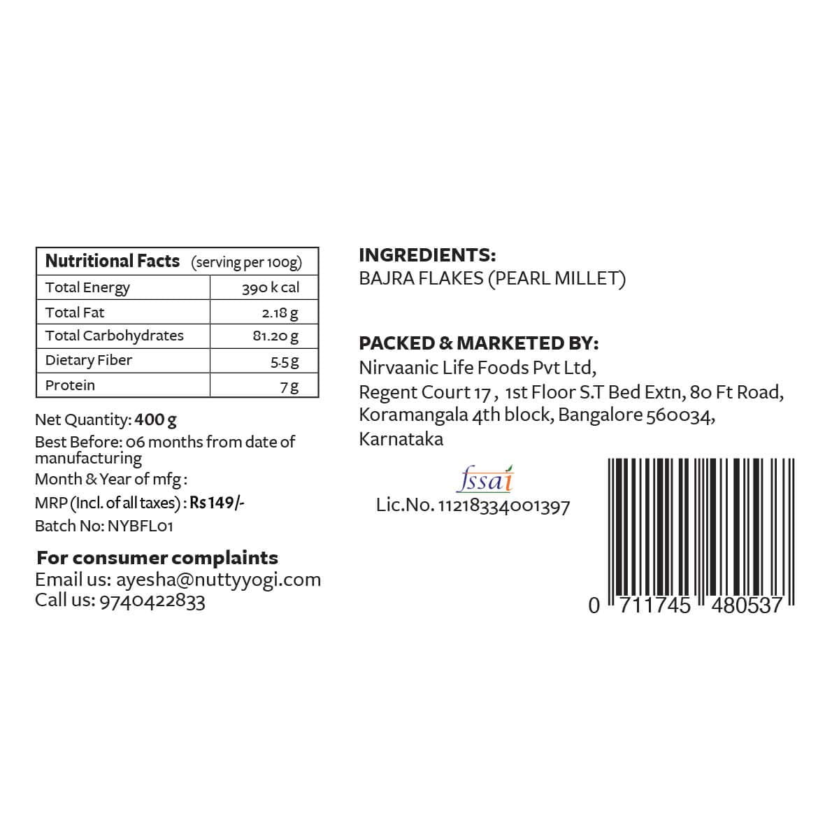 Nutty Yogi Bajra (Pearl Millet) Flakes 400 Grams, Bajra Poha, Protein