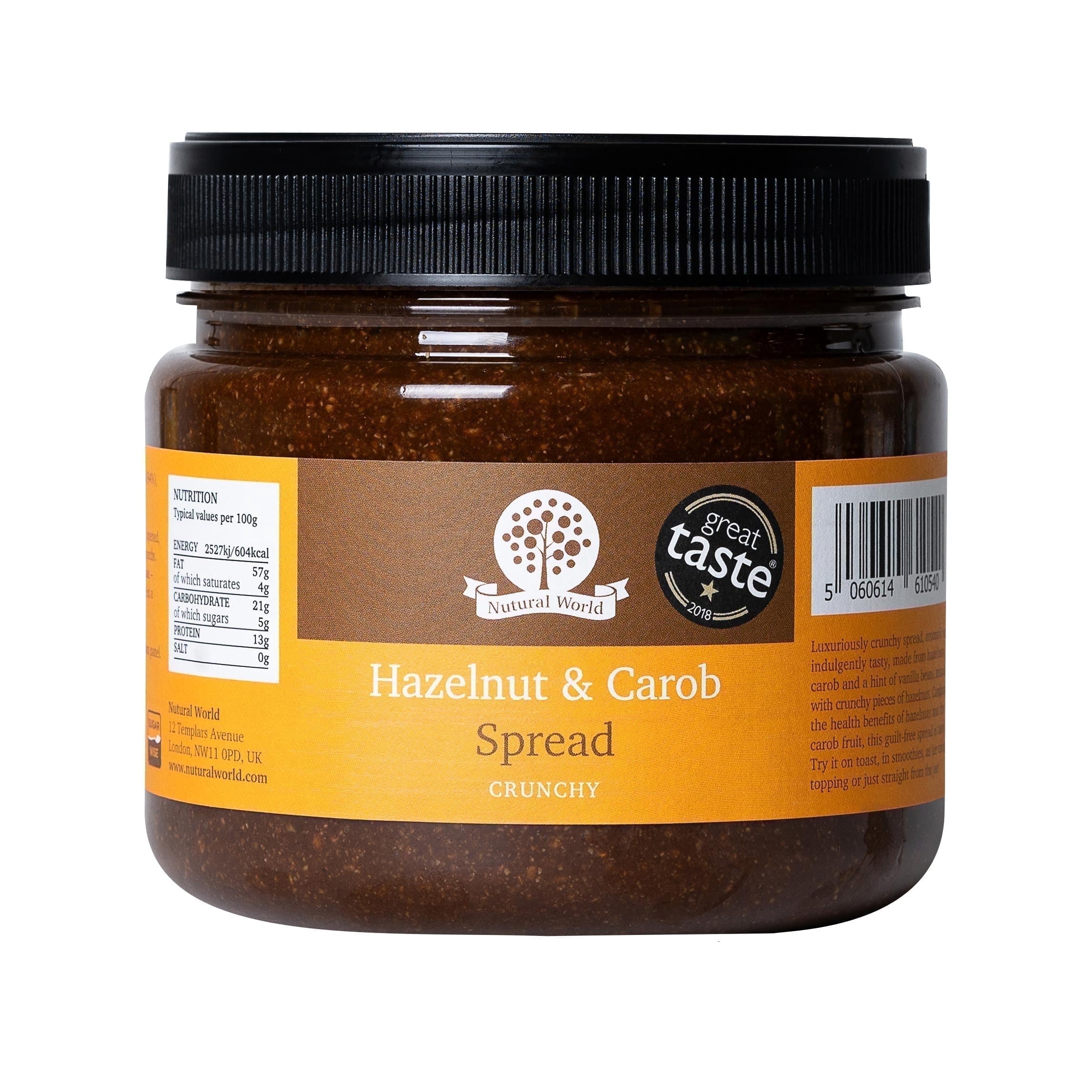 Nutural World - Crunchy Hazelnut and Carob Spread 35 oz (1kg) - Great Taste Award Winner